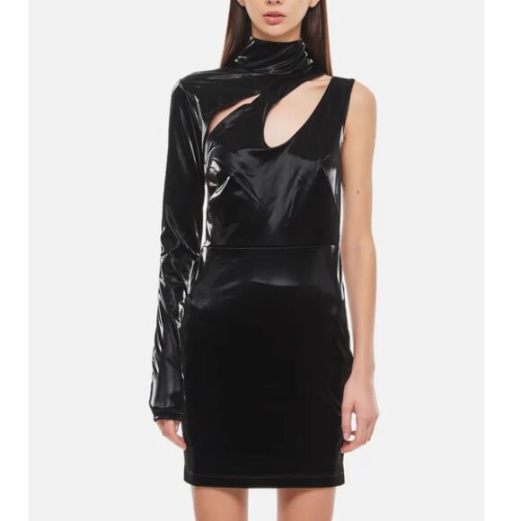 ROTATE BIRGER CHRISTENSEN Fallem Cutout Vinyl Mini Dress Women’s Size 6 Black - Picture 1 of 10